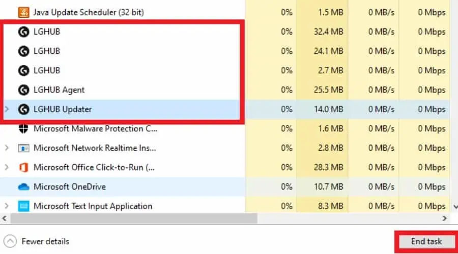 Terminate Logitech G Hub processes