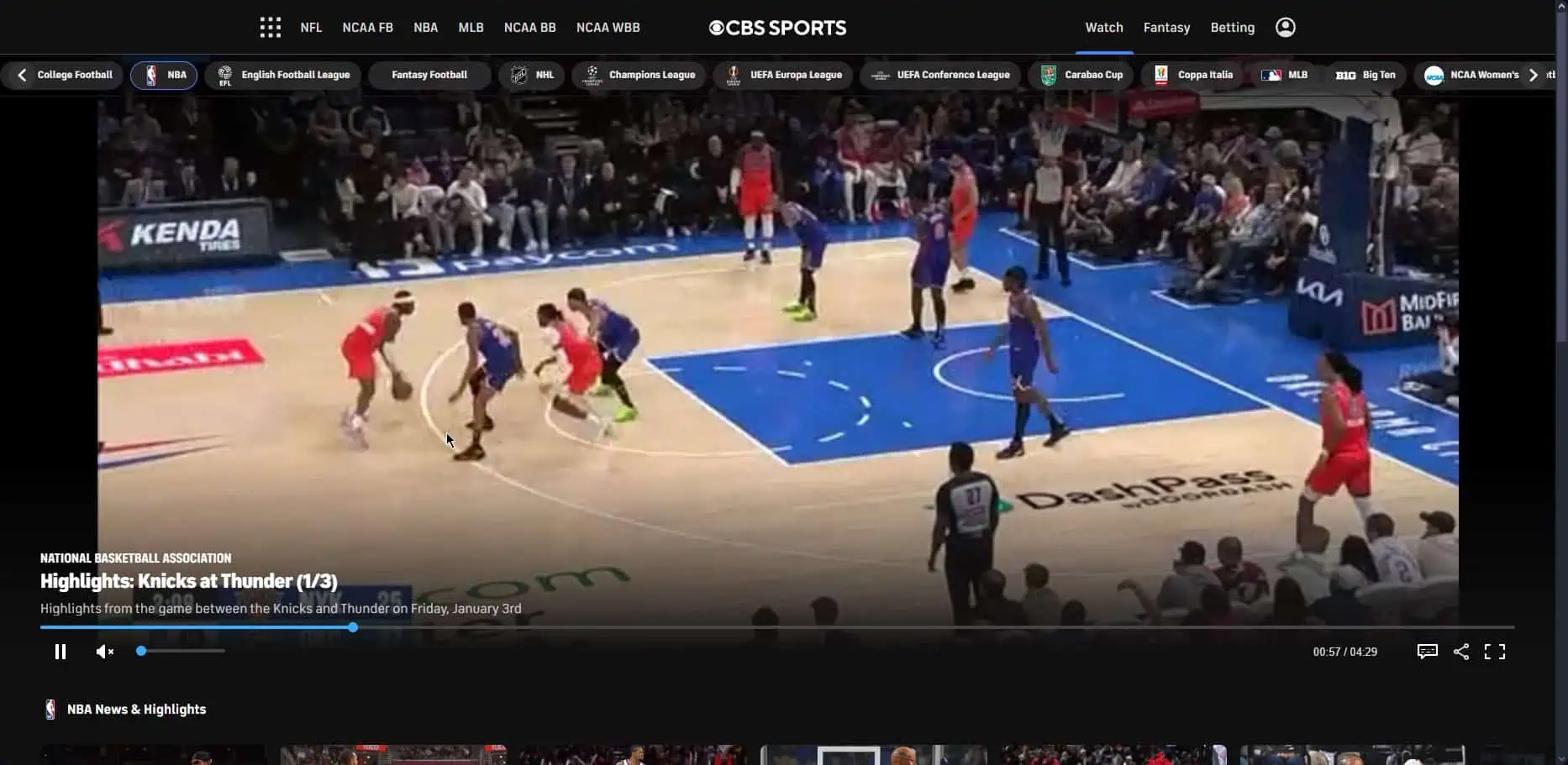 CBS Sports webpage with video