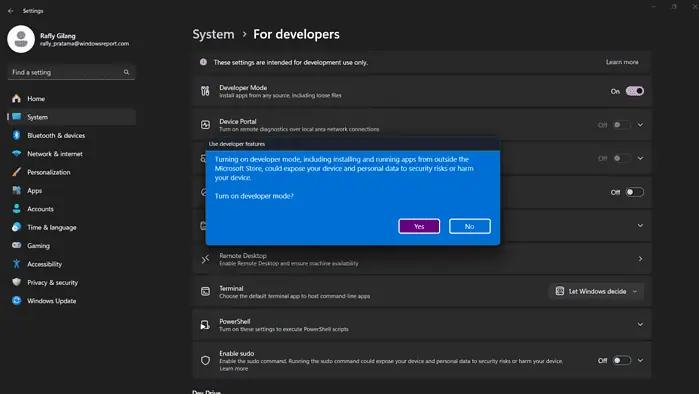 Developer mode on Windows 11