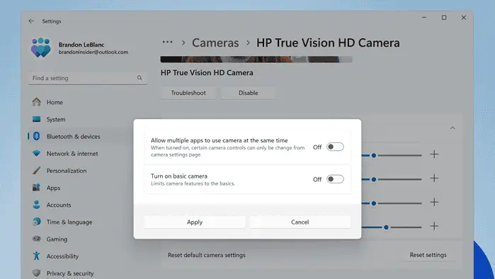 Advanced camera settings, Windows 11