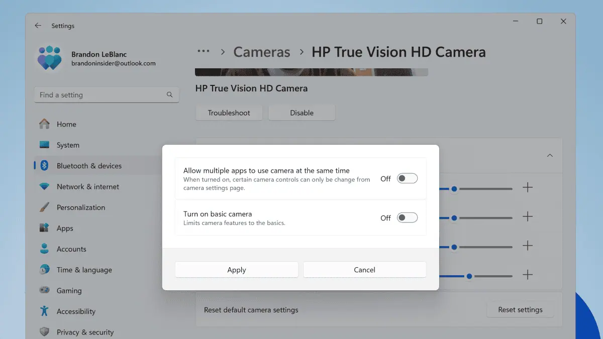 Advanced camera settings, Windows 11