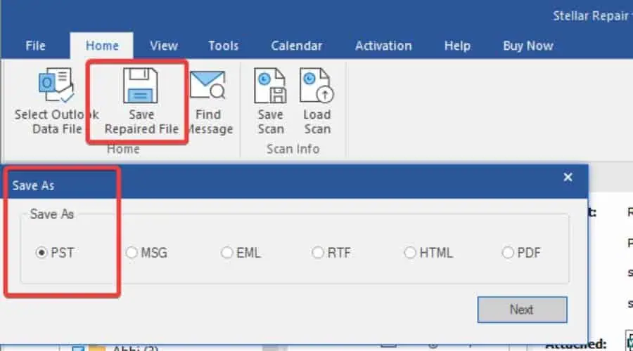 Stellar Repair for Outlook saving options 
