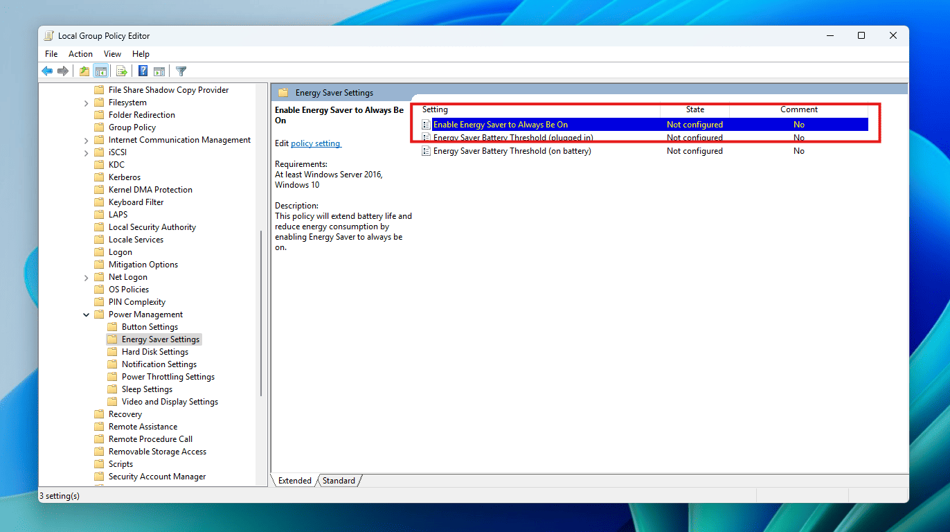 energy saver Microsoft Inline policy