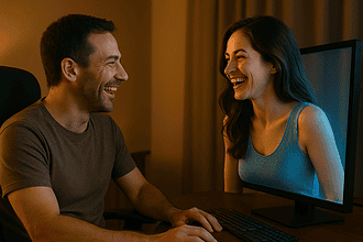 man talking to ai girlfirend from app on pc