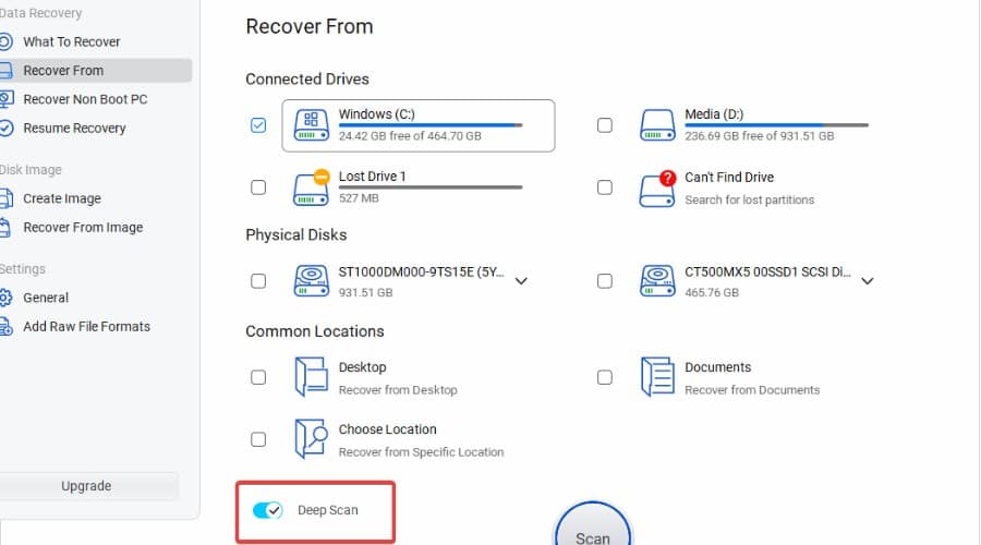 Select drive to recover from