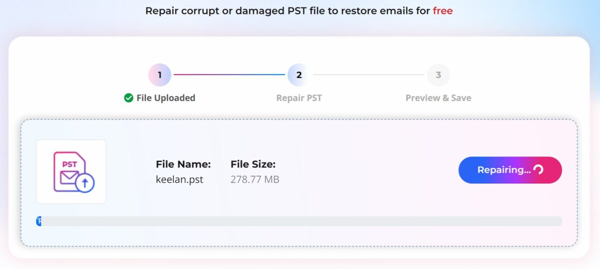 Repairing Process in progress by Stellar Online PST repair