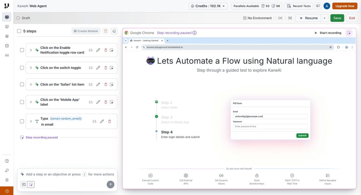 KaneAI dashboard